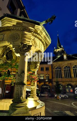 Frankreich, Bas Rhin, Obernai, Rue Gyss, Sommerabend, 6 Eimer Brunnen, Rathaus Stockfoto