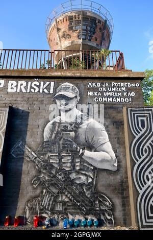 Kroatien, Slawonien, Vukovar, der Wasserturm, Symbol des Widerstands der Stadt gegen den Feind während der Belagerung von Vukovar im Jahr 1991, traf mehr als 600 Mal in 3 Monaten, jetzt ein Denkmal, Soldatenfresko Josip Briski starb in Afghanistan im Jahr 2019 Stockfoto