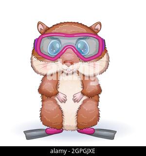 Niedlicher Hamster in Flossen und Brille, Sommer-Konzept, Hamster Cartoon-Figuren, lustige Tierfigur. Stock Vektor