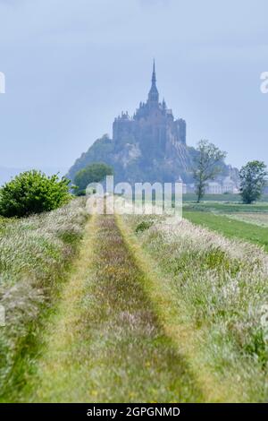 Frankreich, Manche, Mont Saint Michel Bay, UNESCO-Weltkulturerbe, Abtei von Mont Saint Michel, Beginn des Wanderweges GR 34 Stockfoto