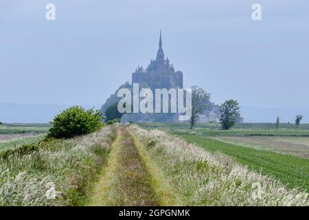 Frankreich, Manche, Mont Saint Michel Bay, UNESCO-Weltkulturerbe, Abtei von Mont Saint Michel, Beginn des Wanderweges GR 34 Stockfoto