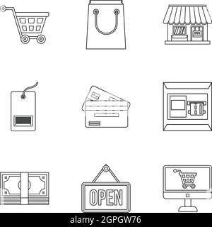 Supermarkt kaufen Icons Set, Umriss-Stil Stock Vektor