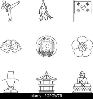 Tourismus in Südkorea Icons Set, Umriss-Stil Stock Vektor
