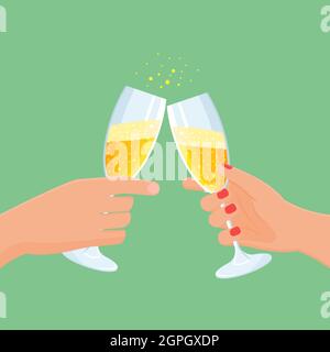 Hände halten Gläser mit Champagner. Weihnachtsfeier Konzept. Festliche Vektorgrafik Stock Vektor