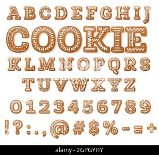 Englisches Alphabet mit Großbuchstaben und Zahlen. Set Lebkuchenkuchen. Weihnachtsschrift. Vektorgrafik. ABC isoliert auf Weiß. Stock Vektor