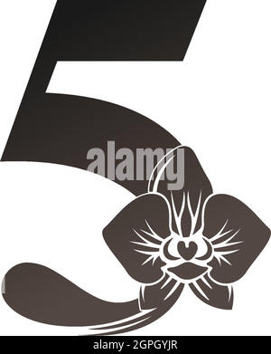 Nummer 5 Logo-Symbol mit schwarzer Orchidee Design-Vektor Stock Vektor