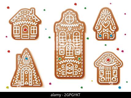 Set von Weihnachten Lebkuchenhäuser und Süßigkeiten. Vektorgrafik. Traditionelle Weihnachtsplätzchen auf weißem Hintergrund isoliert. Stock Vektor