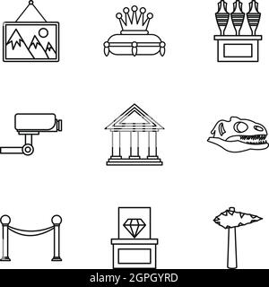 Galerie im Museum Icons Set, Umriss-Stil Stock Vektor