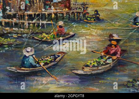 Kunstmalerei Ölfarbe schwimmender Markt Thailand, auf dem Land Stockfoto