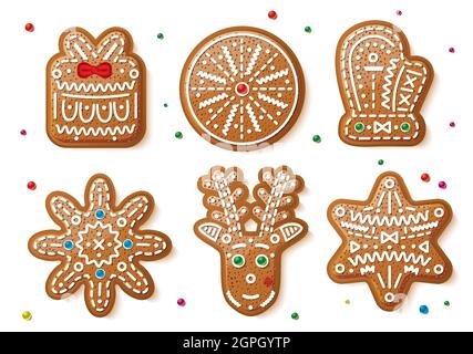 Set von Lebkuchen Weihnachten Cookies isoliert auf weißem Hintergrund. Vektorgrafik. Weihnachts-Geschenkschachtel, Circle Cookie, Schneeflocke, Hirsche, Mitten und Stock Vektor