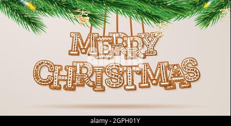 Frohe Weihnachten. Grußkarte mit glaztem Text im Cookie-Stil und grünem Tannenzweig. Frohes neues Jahr 2022 mit Lebkuchenbriefen. Stock Vektor