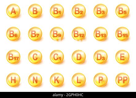Vitamine runde Symbole. Set von Vitaminen. Multivitamin Ergänzung. Vektorgrafik. Konzept für ein gesundes Leben Stock Vektor