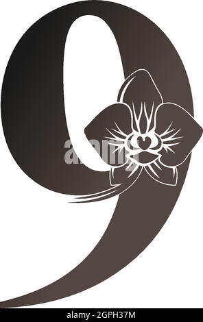 Nummer 9 Logo-Symbol mit schwarzer Orchidee Design-Vektor Stock Vektor