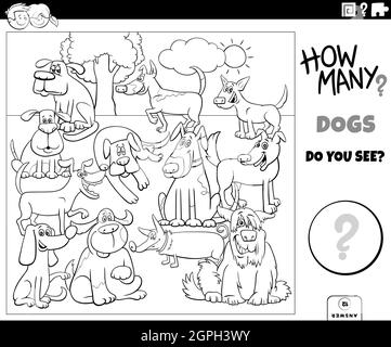 Zählen Hunde pädagogisches Spiel für Kinder Malbuch Seite Stock Vektor