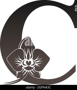 Symbol mit C-Logo und schwarzem Orchideendesign Stock Vektor