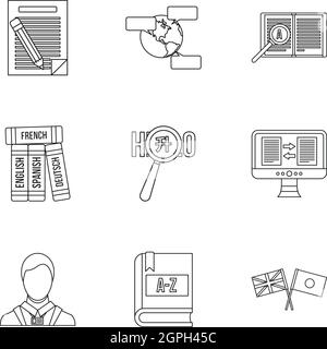 Übersetzung von Sprache Icons Set, Umriss-Stil Stock Vektor