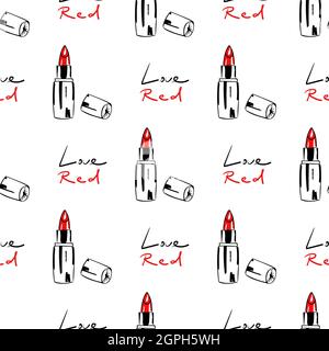 Nahtloses Muster mit rotem Lippenstift mit Mütze und Schriftzug Love Red. Abstrakter roter Hintergrund mit Lippenstift verschmiert. Stock Vektor