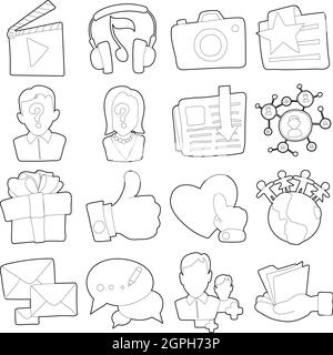 Werbung Icons Set, Umriss-Cartoon-Stil Stock Vektor