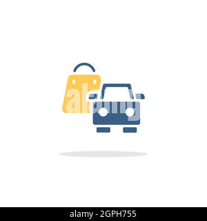 Einkaufstasche und Auto. Abholung im Laden. Symbol mit Schatten. Commerce Glyphe Vektor Illustration Stock Vektor