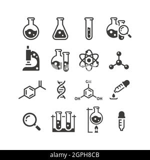 Schwarzer Vektor-Symbolsatz für Chemie und Wissenschaft Stock Vektor