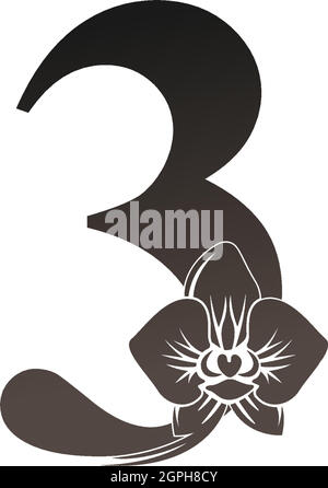 Nummer 3 Logo-Symbol mit schwarzer Orchidee Design-Vektor Stock Vektor