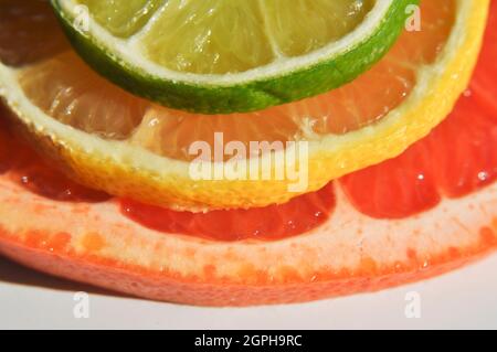 Scheiben von Zitrusfrüchten übereinander. Limette, Zitrone und rosa Grapefruit auf weißem Hintergrund. Stockfoto