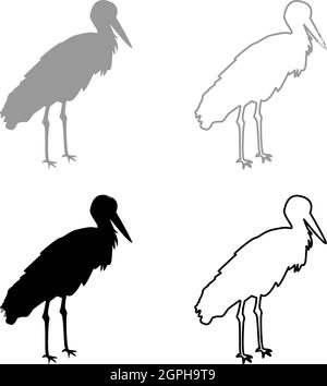 Stork Vogel stehend Kranich Reiher Silhouette grau schwarz Farbe Vektor Illustration solide Kontur Stil Bild Stock Vektor