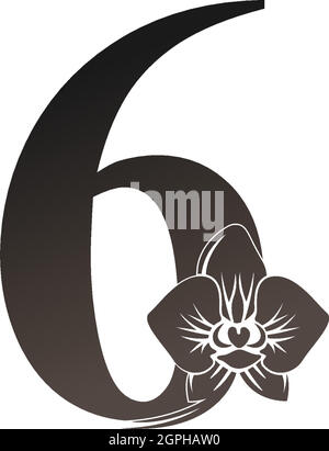Nummer 6 Logo-Symbol mit schwarzer Orchidee Design-Vektor Stock Vektor