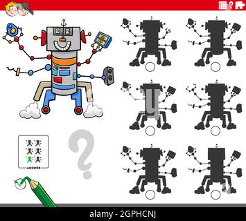 Pädagogische Schatten-Spiel mit Cartoon-Roboter-Charakter Stock Vektor