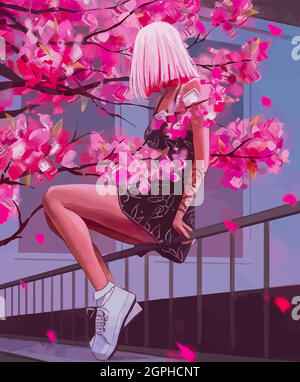 Anime-Mädchen mit rosa Haaren, mit einem Tattoo, in einem Kleid und Turnschuhen sitzt auf einem Zaun vor einem Hintergrund von Sakura. Stock Vektor