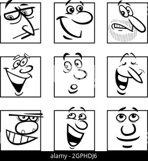 Gesichter oder Emoticons Karikatur Illustration schwarz-weiß-set Stock Vektor