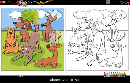 Cartoon Hunde Gruppe Färbung Buch Seite Stock Vektor