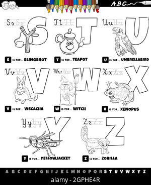 Pädagogische Karikatur Alphabet Satz von S bis Z Farbe Buchseite Stock Vektor