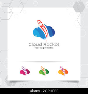 Cloud-Rakete Logo-Design mit Konzept der bunten Cloud-Vektor-Illustration für Hosting-Provider, Server-Rack und gemeinsame Nutzung von Speicher. Stock Vektor