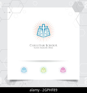 Christian Schule Logo Design Vektor mit Konzept von Buch, Stift und Kreuz Symbol Illustration. Stock Vektor