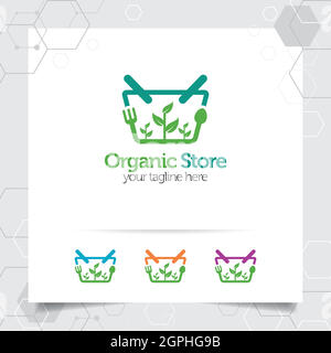 Warenkorb Logo Design Konzept von Online-Shop-Symbol und Bio-Gemüse-Vektor für Händler, E-Commerce und Supermarkt verwendet. Stock Vektor