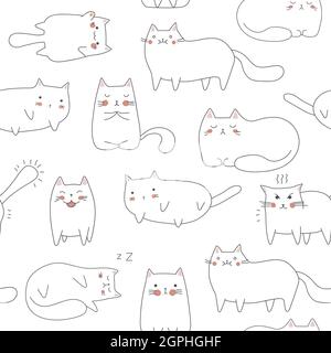 Nahtloses Muster mit niedlichen bunten Kätzchen. Kreative kindliche dicke Katzen Textur. Ideal für Stoff, Textil Vektor Illustration mit verschiedenen Emotionen Stock Vektor