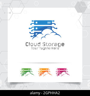 Logo-Vektor-Design für Cloud-Hosting mit Darstellung von Server- und Cloud-Symbolen für Hosting-Provider, Server-Rack und gemeinsamen Speicher. Stock Vektor