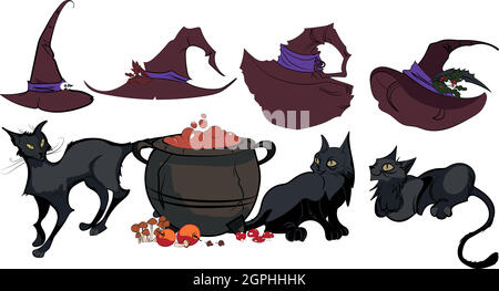 Set von niedlichen schwarzen Katzen in Hexenhüten. Gruselige Haustiere. Stock Vektor
