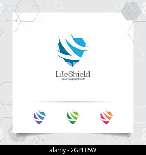 Design des Schutzschildes mit Schutzschildvektor und Technologiesymbol für Datenschutz, Virenschutz und Systemsicherheit. Stock Vektor