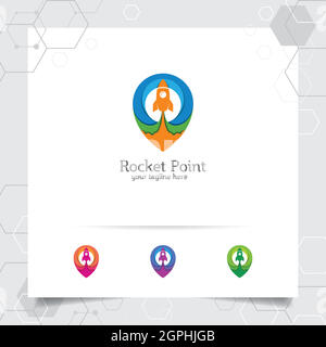 Rocket-Logo-Design mit Pin-Map-Konzept und Rocket-Symbol. Punktrakete Vektor für App, Technologie und Software verwendet. Stock Vektor