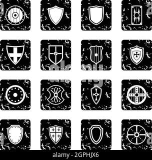 Shield Icons Set, Grunge-Stil Stock Vektor