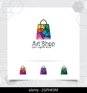 Shopping Bag Logo Design Konzept von Online-Shop-Symbol und bunten geometrischen Vektor für Kamera-Shop, E-Commerce und Supermarkt verwendet. Stock Vektor