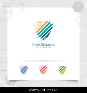 Design des Schutzschildes mit Schutzschildvektor und Technologiesymbol für Datenschutz, Virenschutz und Systemsicherheit. Stock Vektor