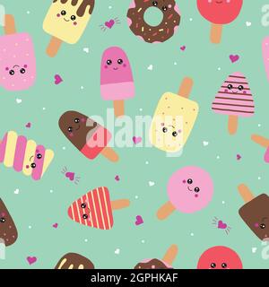 Schokolade, Eis, Cupcake mit Augen und Süßigkeiten im Kawaii-Stil auf weißem Hintergrund mit nahtlosem Vektormuster. Stock Vektor