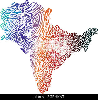 Farbkarte des indischen Subkontinents mit Tiger- und Leopardenhintergrund Stock Vektor