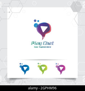 Chat Logo Design Vektor Konzept der Sprechblase und Play-Taste . Media-Chat-Logo-Vektor für App, Kommunikation und Community. Stock Vektor
