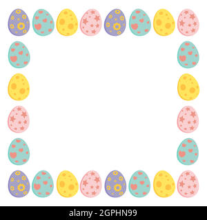 Ostern quadratischen Rahmen mit bunten Eiern. Feiertagsrahmen für Grußkartendesign mit Kopierplatz. Vektorgrafik isoliert auf weißem Hintergrund. Stock Vektor