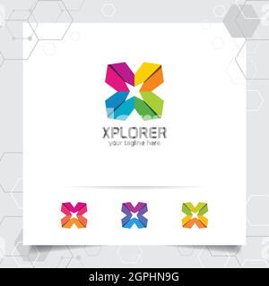 Letter X Logo Design-Vektor mit Konzept der Cross-Symbol-Symbol und bunten modernen Stil für Technologie, Software, Studio, App und Business. Stock Vektor