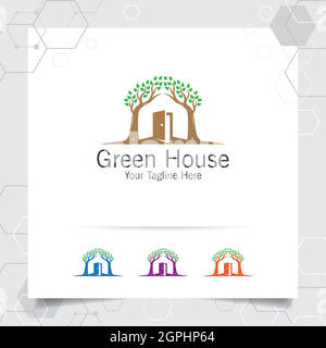 Green House Logo Design-Vektor mit Konzept von zu Hause und Blatt Symbol Illustration für Immobilien, Immobilien, Wohnsitz und Hypothek. Stock Vektor
